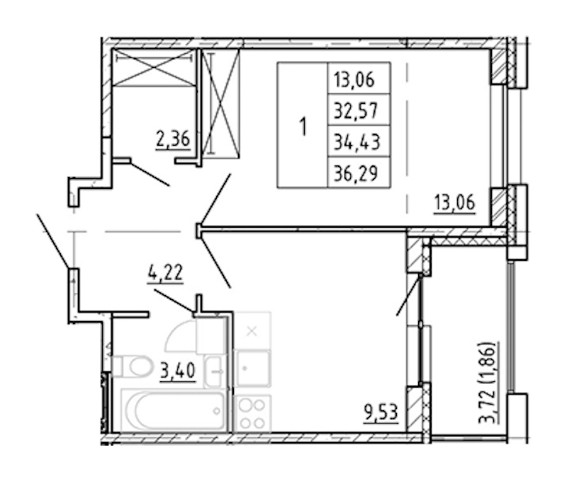 1-комнатная квартира 32.57 м², 7/12 эт., ЖК «Полис Новоселье»